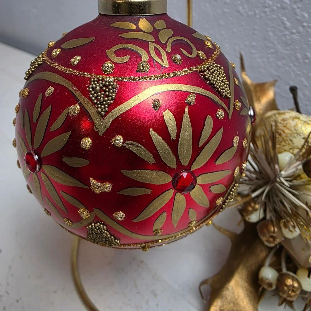 CLEARANCE 💲6️⃣ Red‎ Gold Beaded Christmas Ornament Holiday Decor Ball Glitter